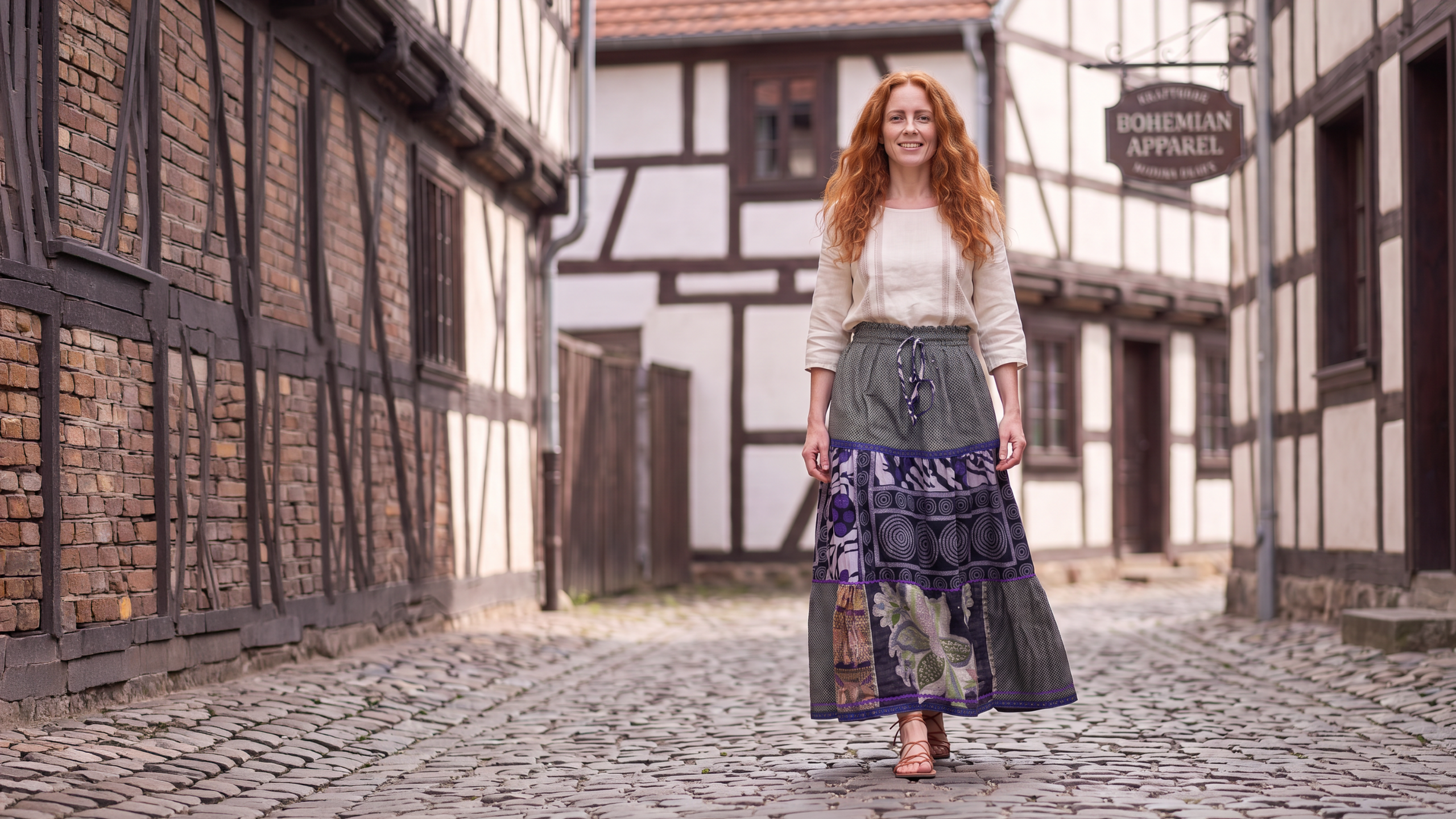 Sustainable slow fashion lila patchworkkjol i maxilängd med blommigt mönster och paneler handgjord i Sverige