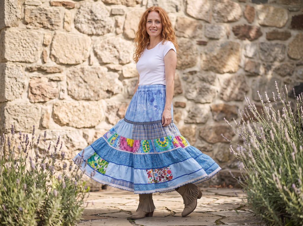 Sustainable slow fashion blå patchworkkjol i maxilängd med blommigt mönster och spets handgjord i Sverige