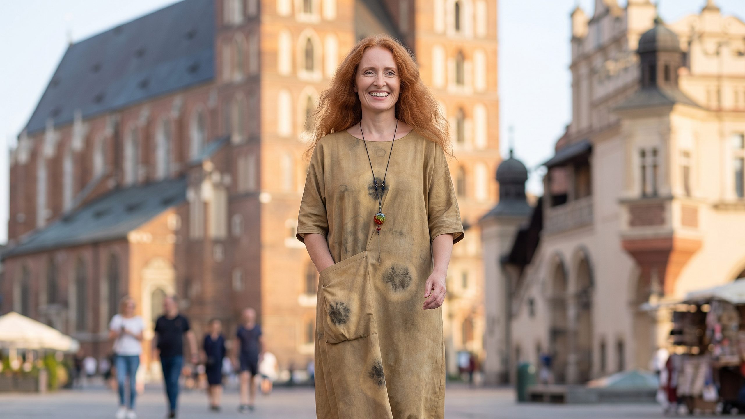 Minimalistisk kortärmad batikklänning i maxilängd med geometriskt Itajime Shibori mönster i bruna nyanser handgjord i Sverige