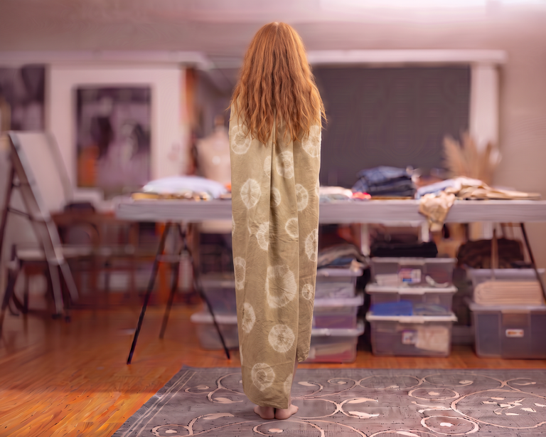Sustainable slow fashion växtfärgat bomullscanvas med geometriskt Itajime Shibori mönster i olivgröna och ekologiska nyanser skapat i Sverige